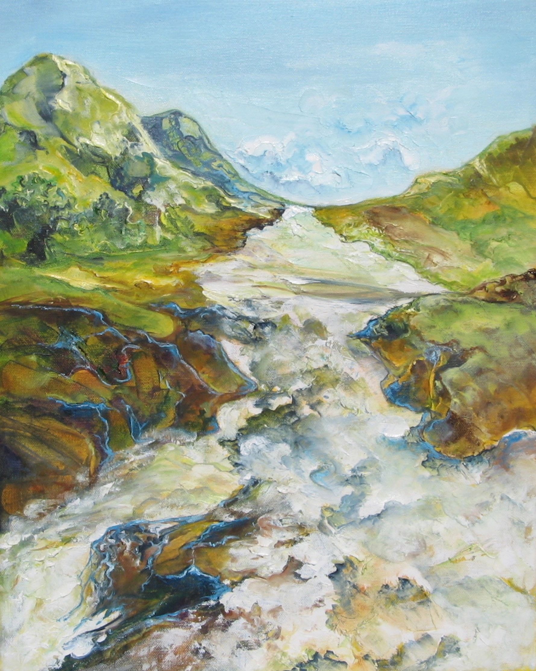 Rapids – mountain valley stream landscape oil painting by Fay Grundvig