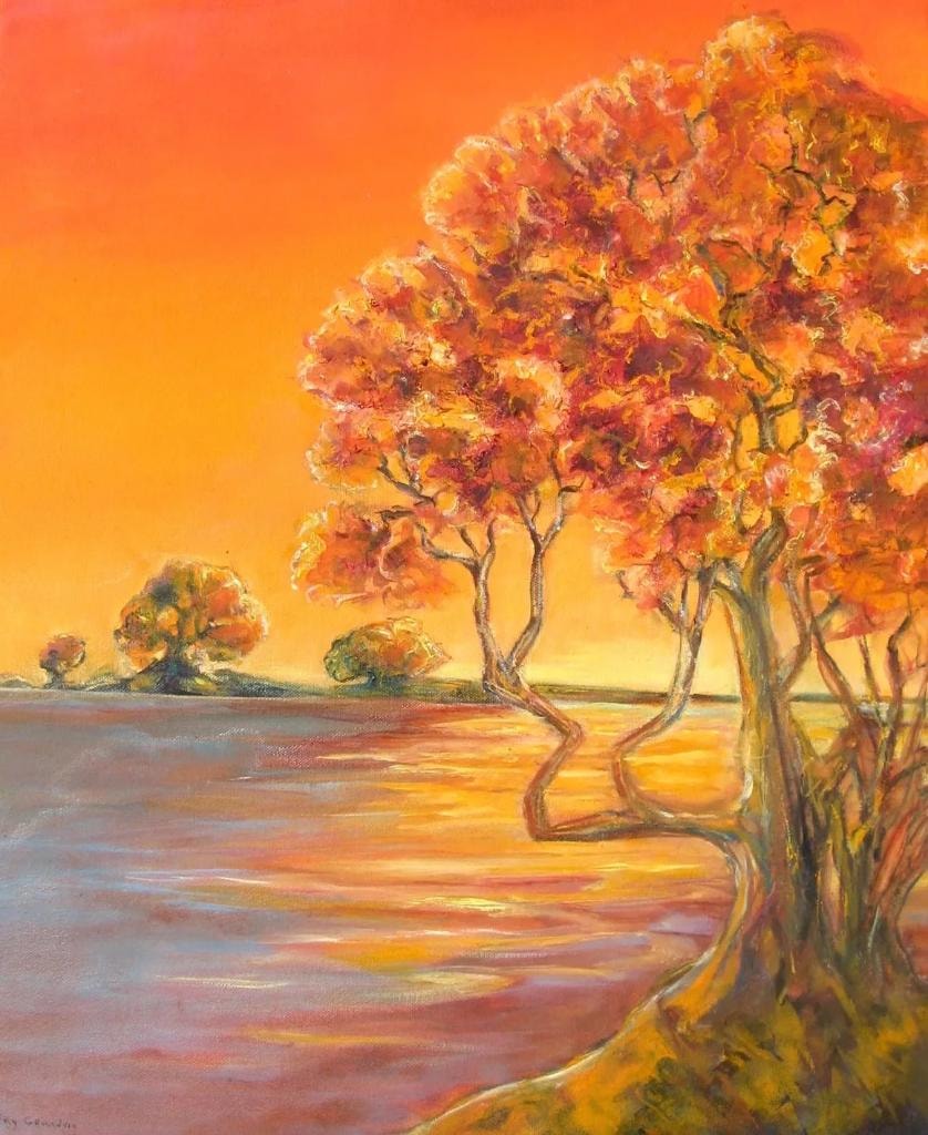 Autumn trees by a lake at sunset – oil painting by Fay Grundvig