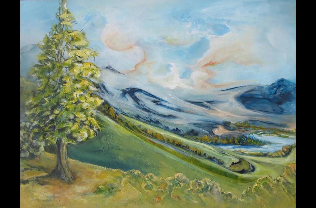 Conifer tree with mountain valley and river – oil painting by Fay Grundvig