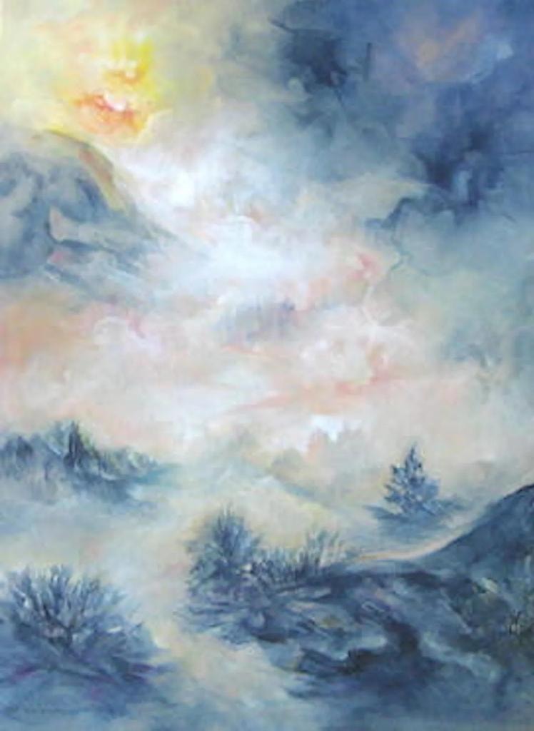 Misty mountain forest with sunlight – watercolor by Fay Grundvig