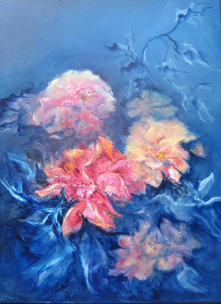 Pink and coral flowers on deep blue – oil painting by Fay Grundvig