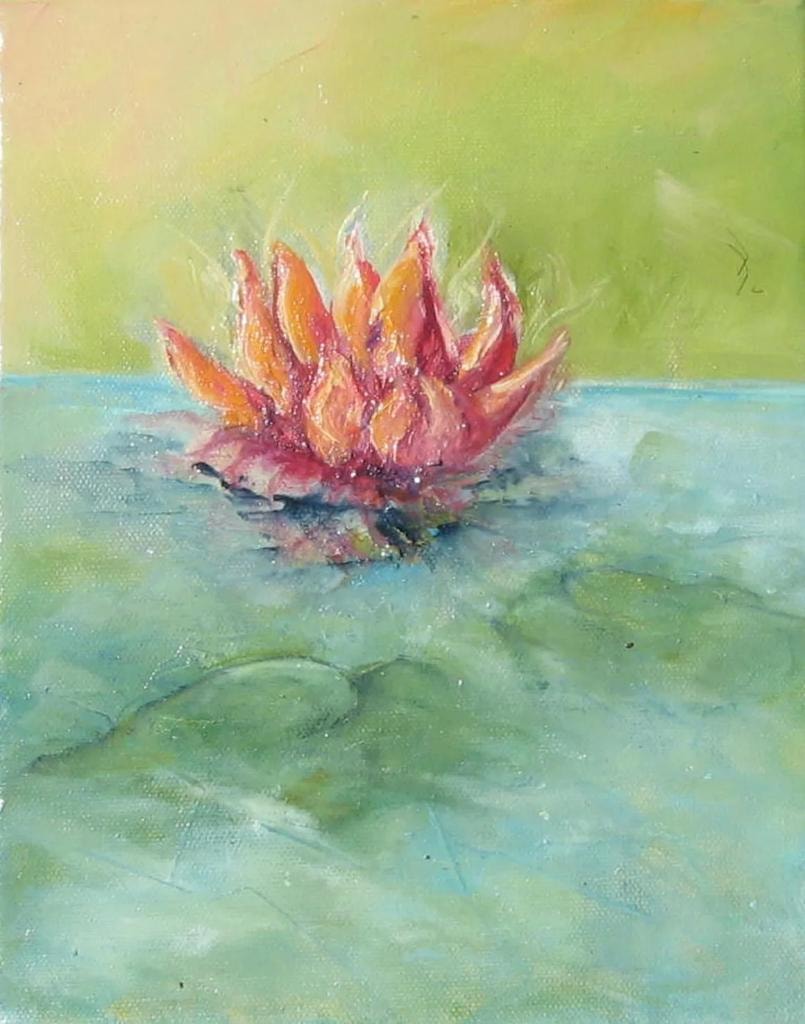Red lotus waterlily in pond – painting by Fay Grundvig