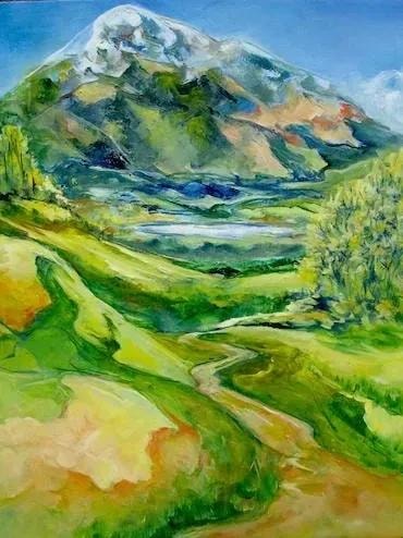 Snow-capped mountain with green valley – painting by Fay Grundvig