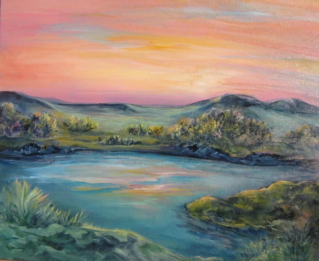 Sunset lake with rolling hills – oil painting by Fay Grundvig